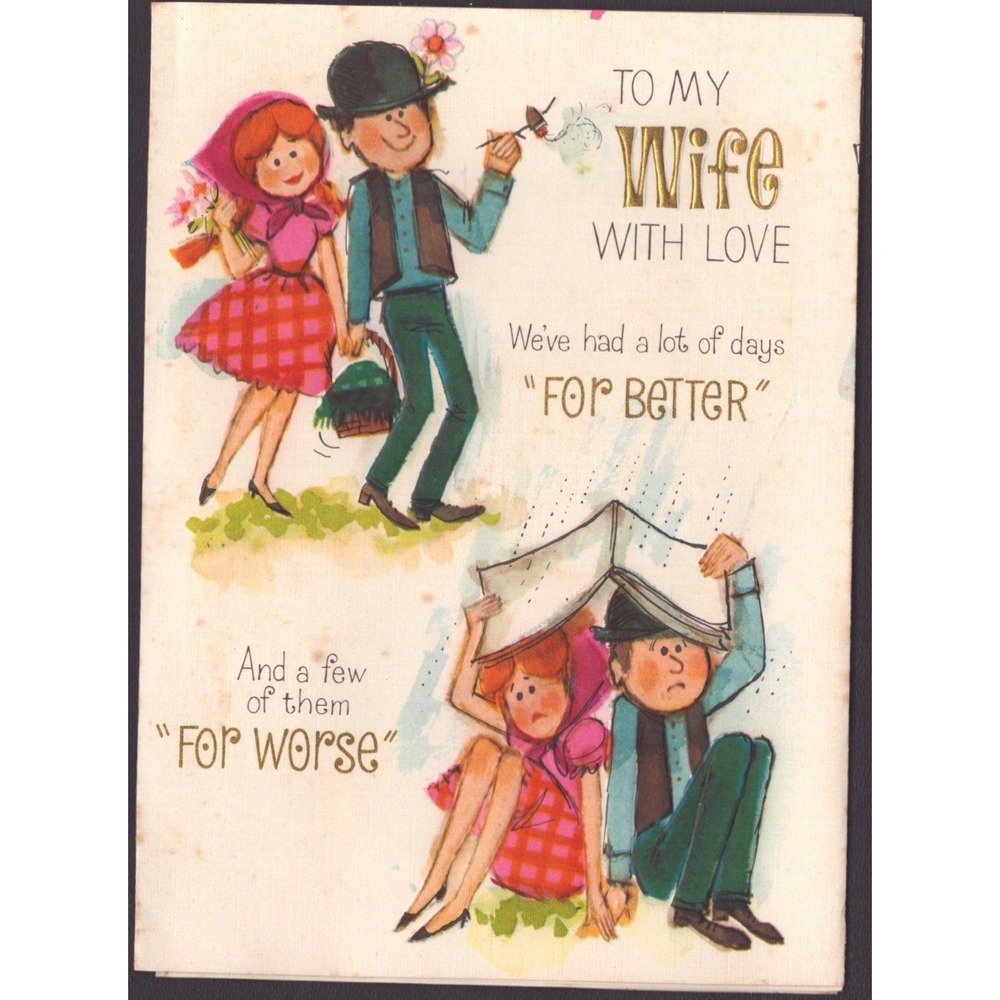 Vintage 1966 Hallmark Greeting Card To My Wife Anniversary Cartoon 5x7